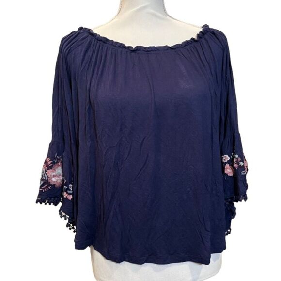 Altar'd State Floral Embroidered Bell Sleeve Navy Top With Ball Trim Size Small - Picture 1 of 10